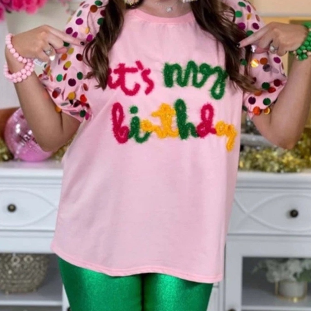 BiBi “it’s my birthday,” Pink Oversized Graphic Tee with Polka Dot Sleeves